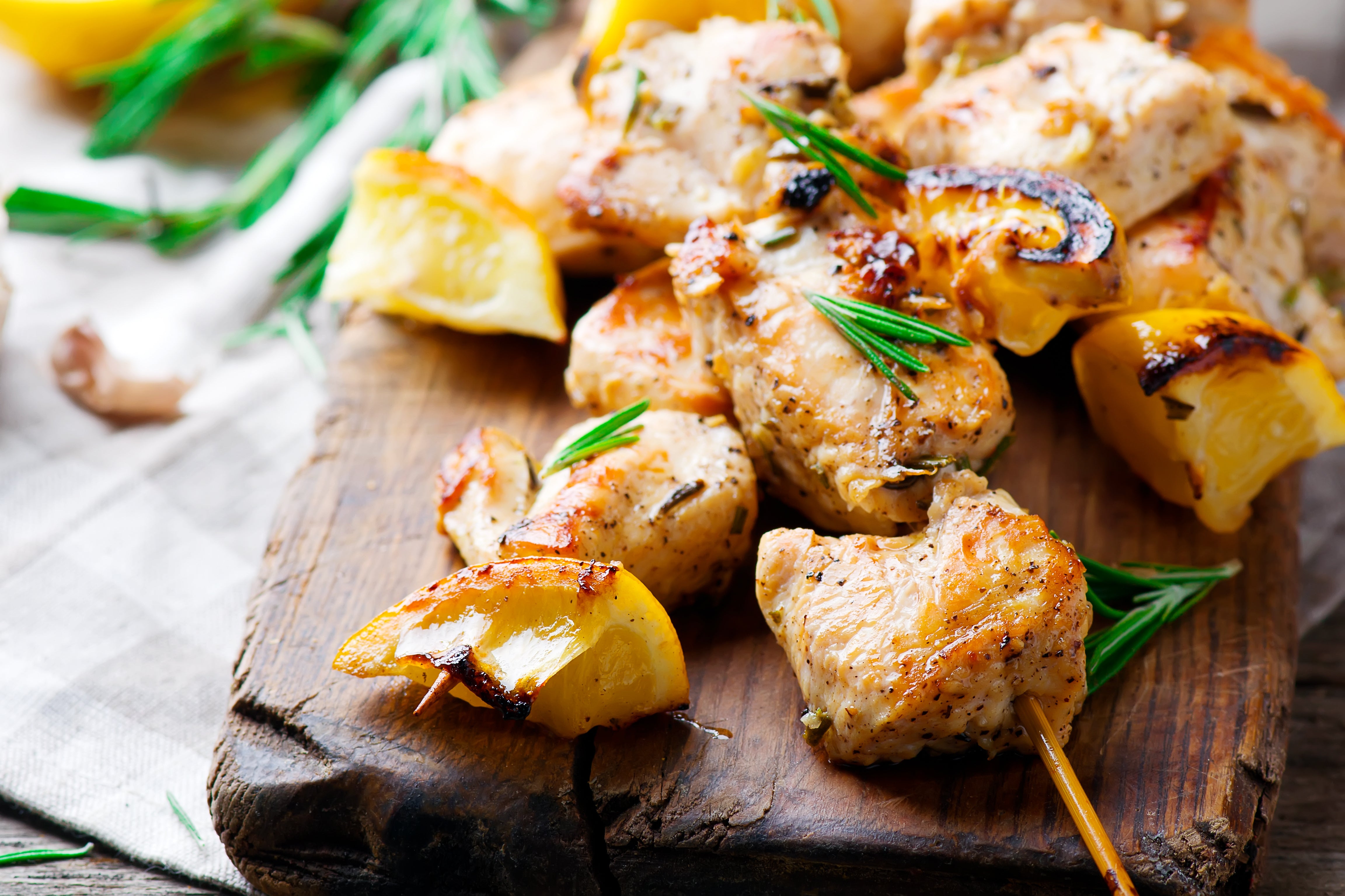 Chicken souvlaki (chicken kebabs) barbecued and served with lemon and rosemary. King George's Steak and Seafood.