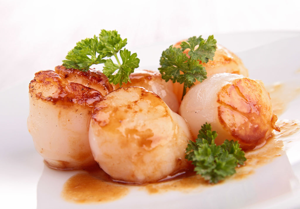 Cooked King Scallops served with a sauce and parsley to garnish. King George's Steaks and Seafood.